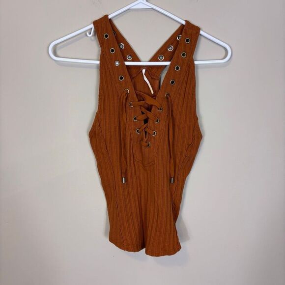 Free People Tops - Free People Orange Ribbed Lace Up Fitted Tank Top XS
